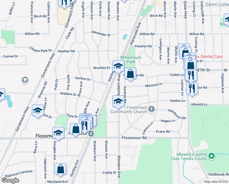 map of restaurants, bars, coffee shops, grocery stores, and more near 832 Western Avenue in Flossmoor