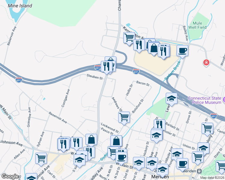 map of restaurants, bars, coffee shops, grocery stores, and more near 26 Edgewood Place in Meriden