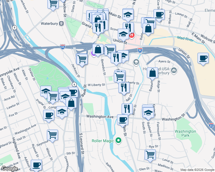 map of restaurants, bars, coffee shops, grocery stores, and more near 56 Jewelry Street in Waterbury