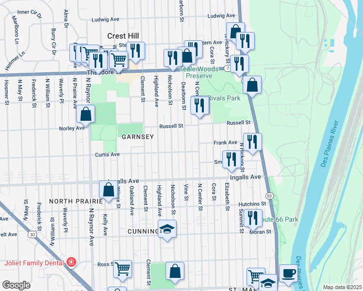 map of restaurants, bars, coffee shops, grocery stores, and more near 1225 Dearborn Street in Joliet