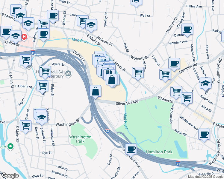 map of restaurants, bars, coffee shops, grocery stores, and more near 575 Union Street in Waterbury