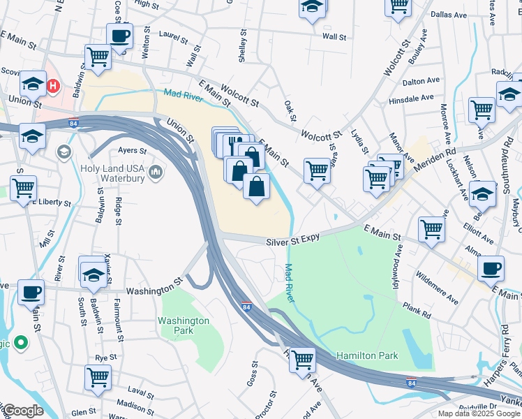 map of restaurants, bars, coffee shops, grocery stores, and more near 575 Union Street in Waterbury