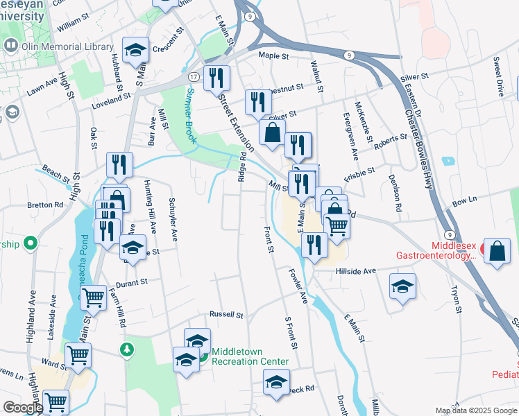 map of restaurants, bars, coffee shops, grocery stores, and more near 63 Front Street in Middletown