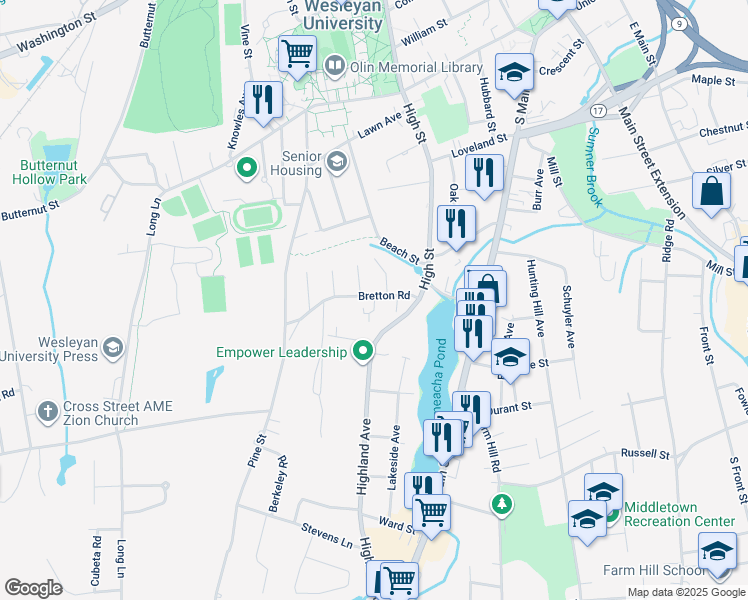 map of restaurants, bars, coffee shops, grocery stores, and more near 137 Highland Avenue in Middletown