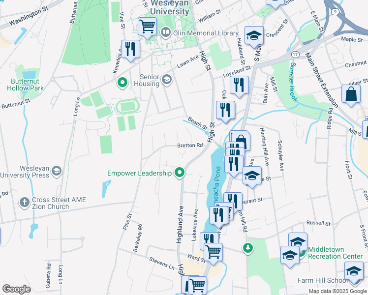 map of restaurants, bars, coffee shops, grocery stores, and more near 137 Highland Avenue in Middletown