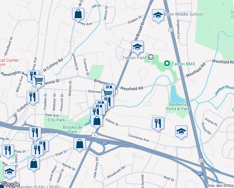 map of restaurants, bars, coffee shops, grocery stores, and more near 1060 Broad Street in Meriden