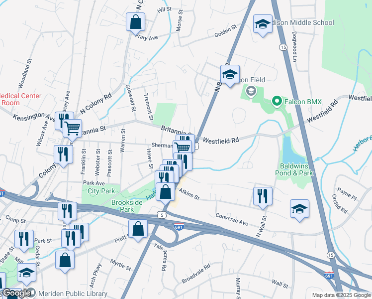 map of restaurants, bars, coffee shops, grocery stores, and more near 1060 Broad Street in Meriden