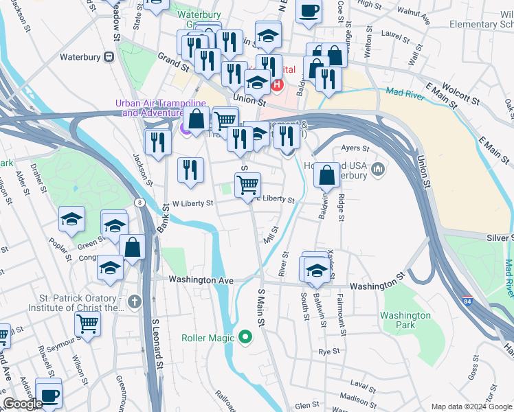 map of restaurants, bars, coffee shops, grocery stores, and more near 649 South Main Street in Waterbury
