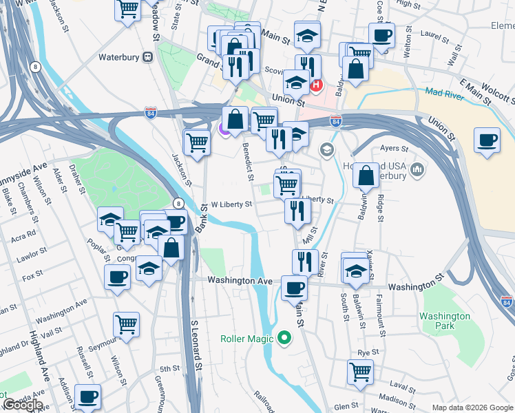 map of restaurants, bars, coffee shops, grocery stores, and more near 56 Jewelry Street in Waterbury