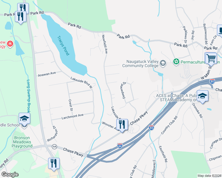 map of restaurants, bars, coffee shops, grocery stores, and more near 214 Lakeside Boulevard East in Waterbury