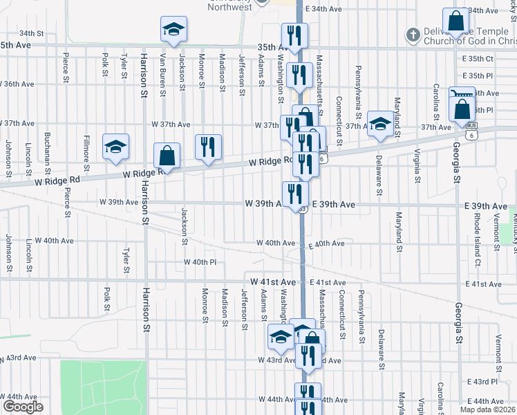 map of restaurants, bars, coffee shops, grocery stores, and more near 3934 Adams Street in Gary