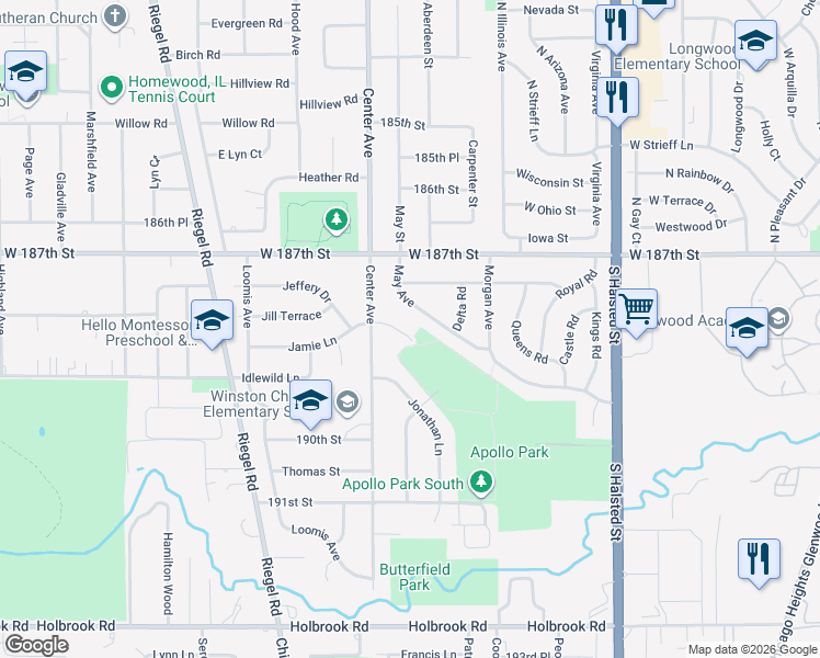 map of restaurants, bars, coffee shops, grocery stores, and more near 18824 May Street in Homewood