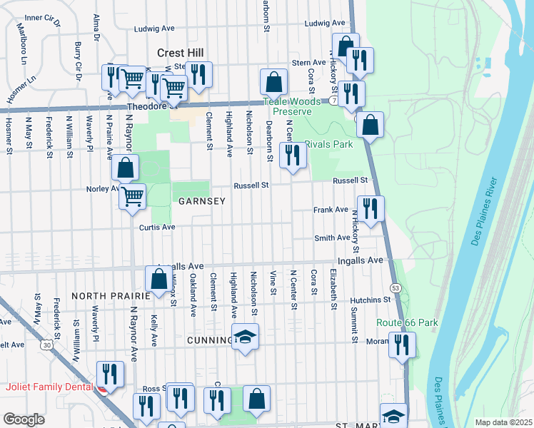 map of restaurants, bars, coffee shops, grocery stores, and more near 1225 Dearborn Street in Joliet