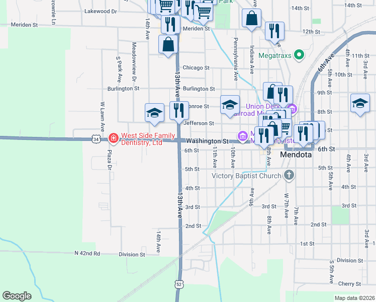 map of restaurants, bars, coffee shops, grocery stores, and more near 703 Washington Street in Mendota