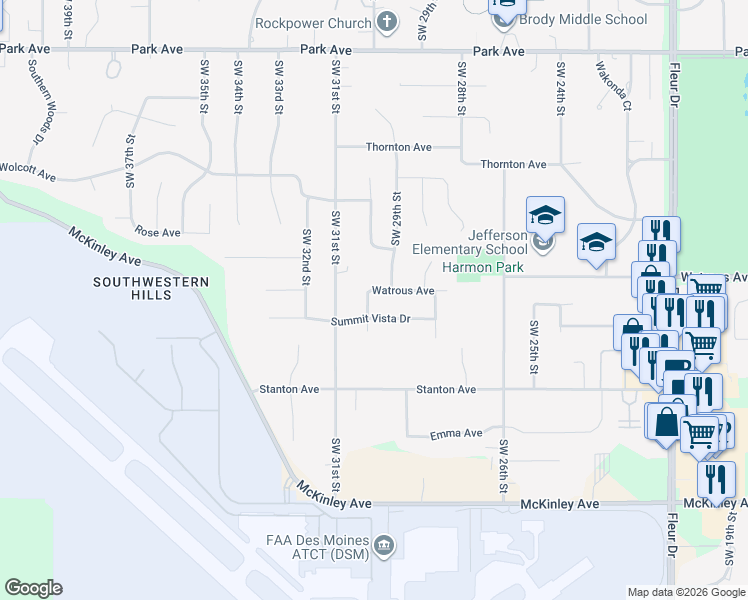 map of restaurants, bars, coffee shops, grocery stores, and more near 3001 Summit Vista Drive in Des Moines