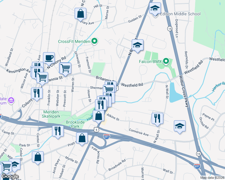 map of restaurants, bars, coffee shops, grocery stores, and more near 1060 Broad Street in Meriden