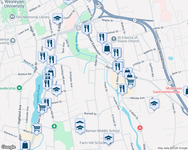map of restaurants, bars, coffee shops, grocery stores, and more near 75 Ridge Road in Middletown