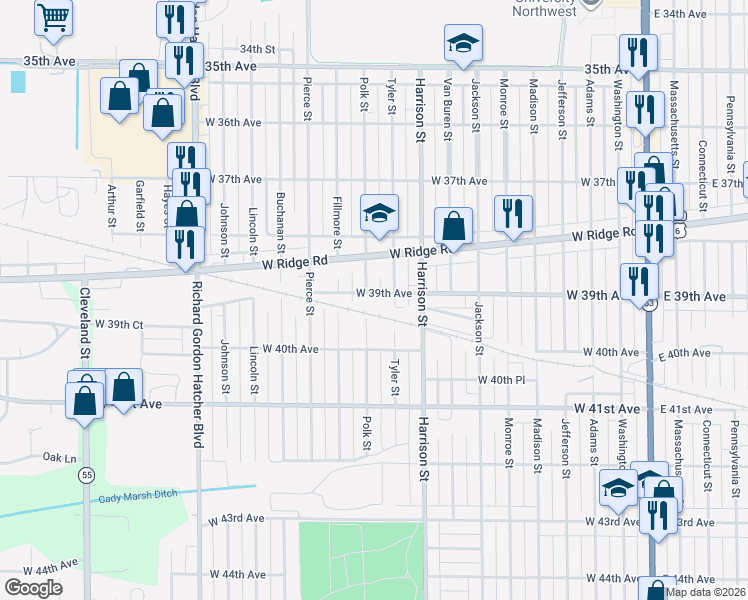 map of restaurants, bars, coffee shops, grocery stores, and more near 3945 Polk Street in Gary