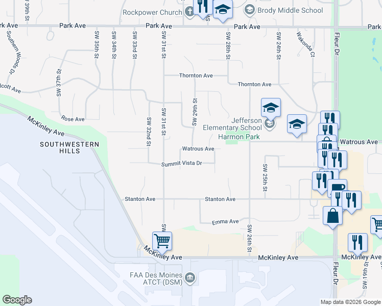 map of restaurants, bars, coffee shops, grocery stores, and more near 2829 Summit Vista Drive in Des Moines