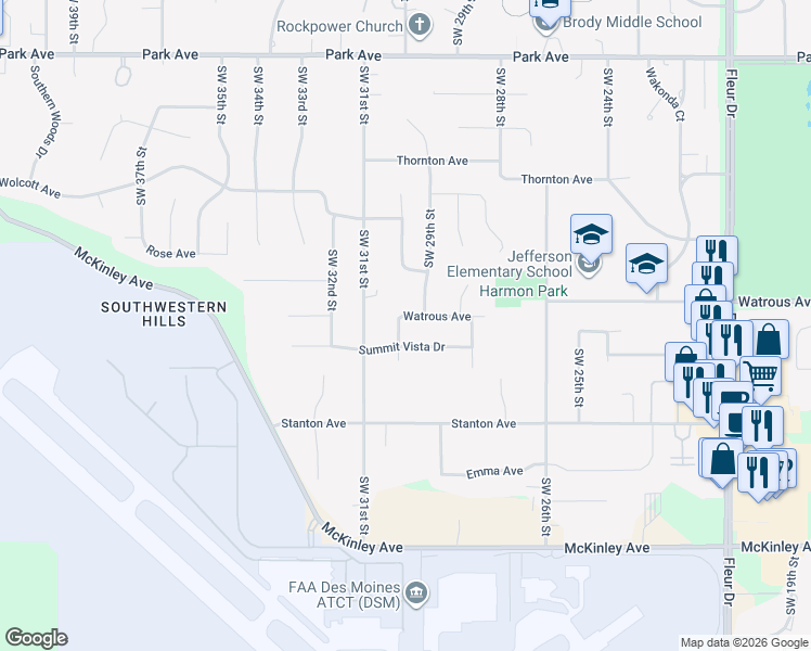 map of restaurants, bars, coffee shops, grocery stores, and more near 3001 Summit Vista Drive in Des Moines