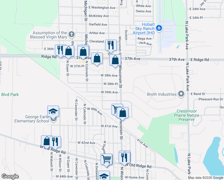 map of restaurants, bars, coffee shops, grocery stores, and more near 909 West 39th Avenue in Hobart