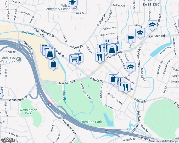 map of restaurants, bars, coffee shops, grocery stores, and more near 1485 East Main Street in Waterbury