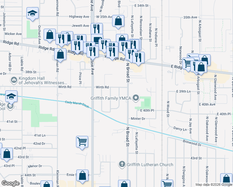 map of restaurants, bars, coffee shops, grocery stores, and more near 1416 North Griffith Boulevard in Griffith
