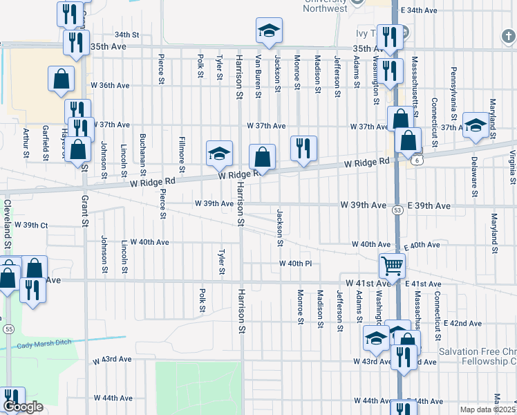 map of restaurants, bars, coffee shops, grocery stores, and more near 649 West 39th Place in Gary