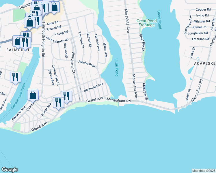 map of restaurants, bars, coffee shops, grocery stores, and more near 172 Grand Avenue in Falmouth