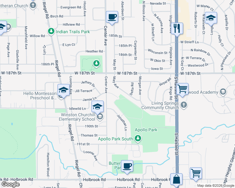 map of restaurants, bars, coffee shops, grocery stores, and more near 18824 May Street in Homewood