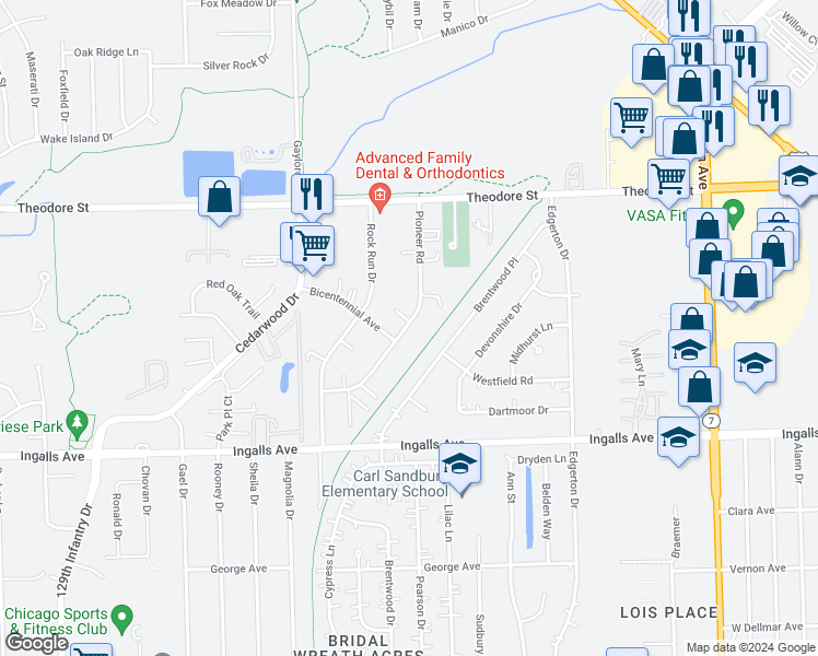 map of restaurants, bars, coffee shops, grocery stores, and more near 1412 Pioneer Road in Crest Hill