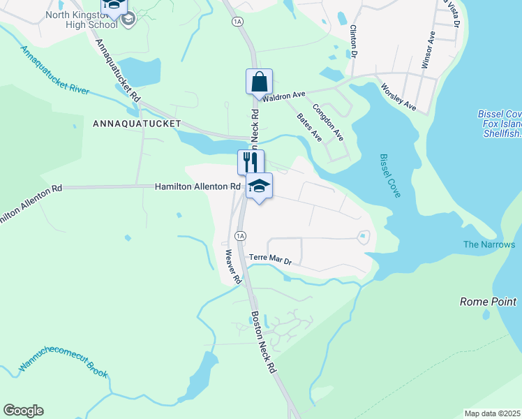 map of restaurants, bars, coffee shops, grocery stores, and more near 25 Salisbury Avenue in North Kingstown