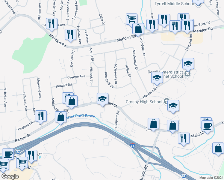 map of restaurants, bars, coffee shops, grocery stores, and more near 194 Birchfield Drive in Waterbury