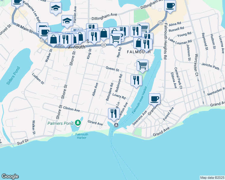 map of restaurants, bars, coffee shops, grocery stores, and more near 56 Belvidere Road in Falmouth