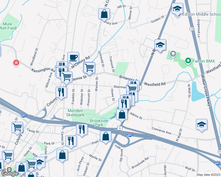 map of restaurants, bars, coffee shops, grocery stores, and more near 33 Howe Street in Meriden