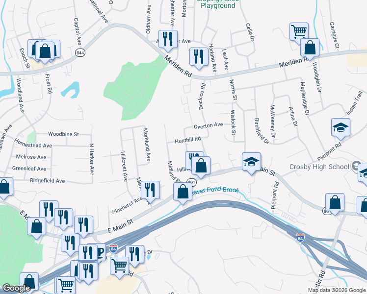 map of restaurants, bars, coffee shops, grocery stores, and more near 84 Midland Road in Waterbury
