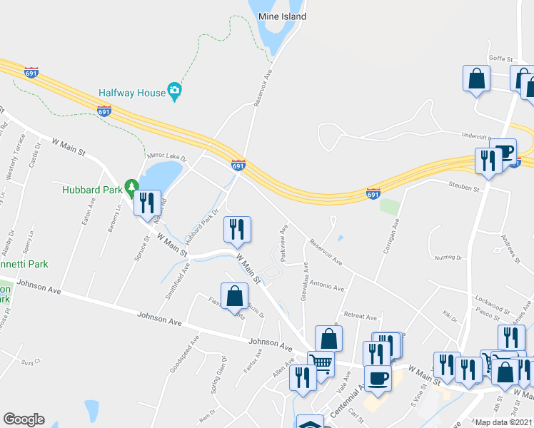 map of restaurants, bars, coffee shops, grocery stores, and more near 384 Reservoir Avenue in Meriden