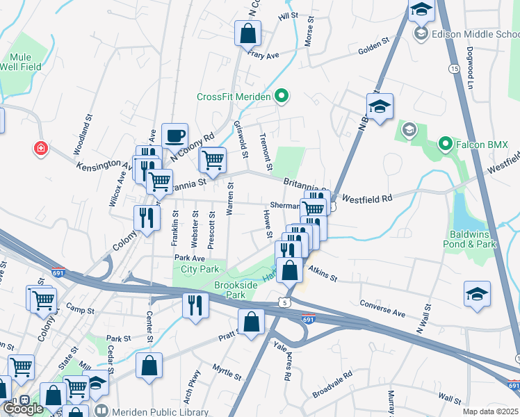 map of restaurants, bars, coffee shops, grocery stores, and more near 4 Maloney Avenue in Meriden