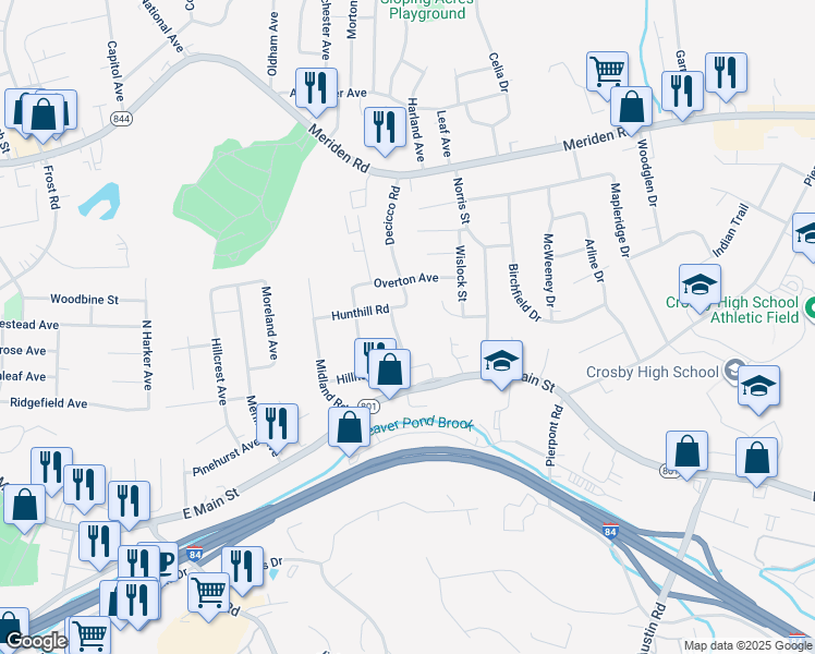 map of restaurants, bars, coffee shops, grocery stores, and more near 106 Hillhouse Road in Waterbury