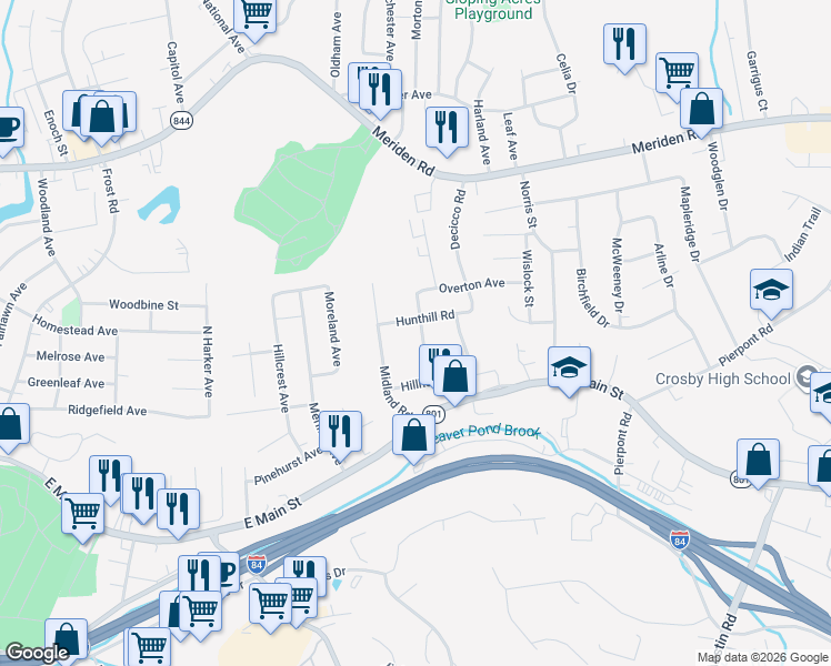 map of restaurants, bars, coffee shops, grocery stores, and more near 84 Midland Road in Waterbury