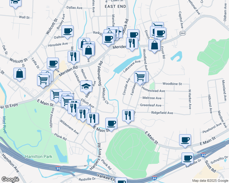 map of restaurants, bars, coffee shops, grocery stores, and more near 88 Lakeview Avenue in Waterbury