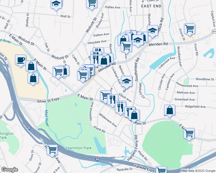 map of restaurants, bars, coffee shops, grocery stores, and more near 74 Edson Avenue in Waterbury