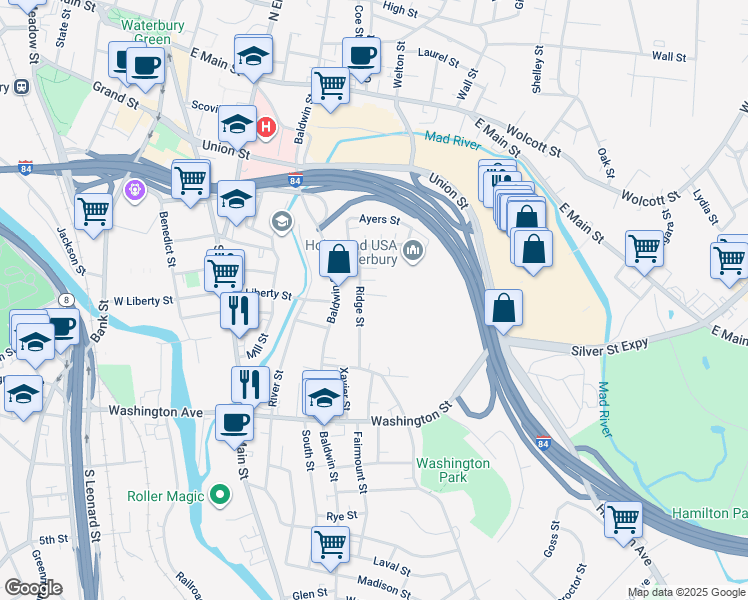 map of restaurants, bars, coffee shops, grocery stores, and more near 83 Ridge Street in Waterbury