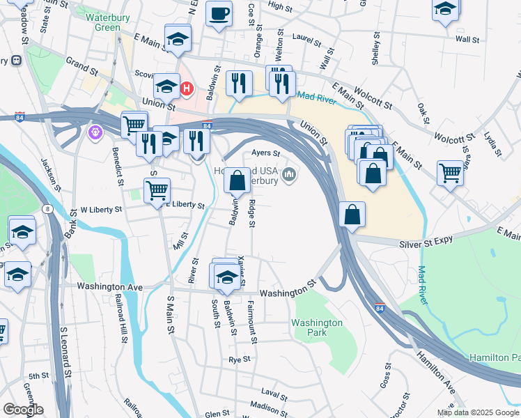 map of restaurants, bars, coffee shops, grocery stores, and more near 83 Ridge Street in Waterbury