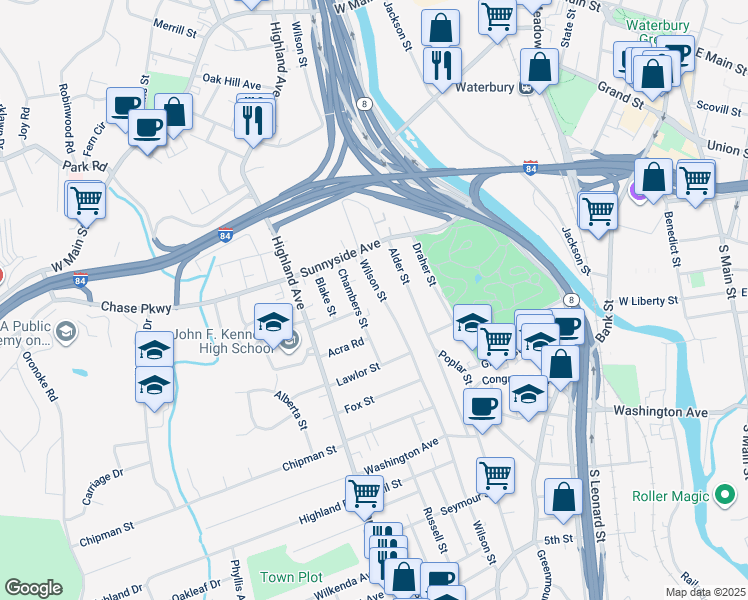 map of restaurants, bars, coffee shops, grocery stores, and more near 368 Wilson Street in Waterbury