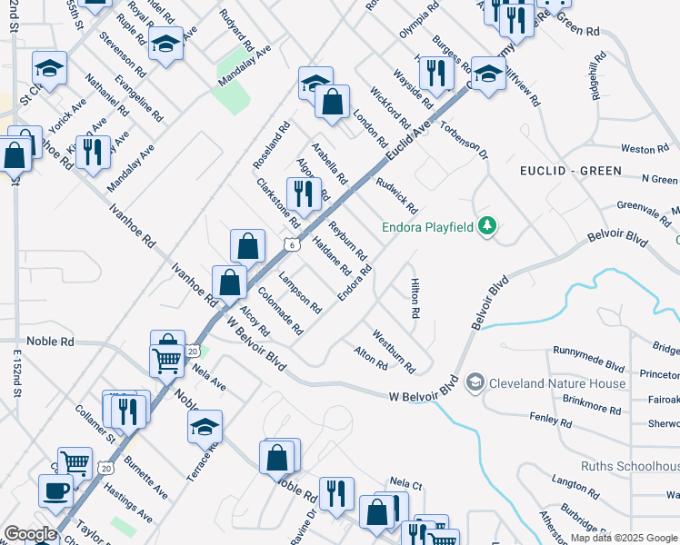 map of restaurants, bars, coffee shops, grocery stores, and more near 16916 Endora Road in Cleveland
