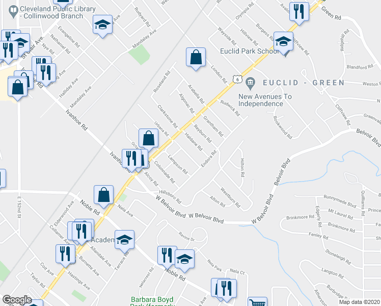 map of restaurants, bars, coffee shops, grocery stores, and more near 1870 Mannering Road in Cleveland