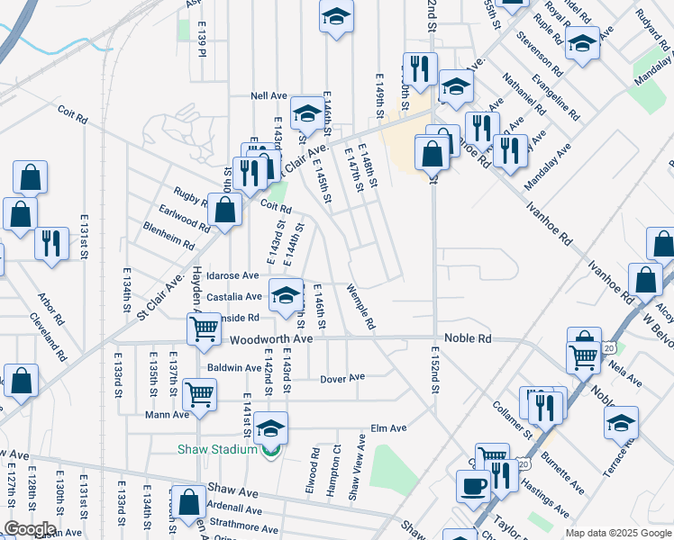 map of restaurants, bars, coffee shops, grocery stores, and more near 14700 Coit Road in Cleveland