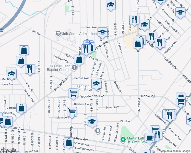 map of restaurants, bars, coffee shops, grocery stores, and more near 1160 East 145th Street in Cleveland