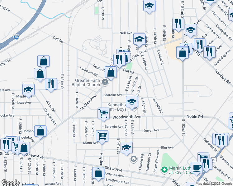 map of restaurants, bars, coffee shops, grocery stores, and more near 14005 Castalia Avenue in Cleveland